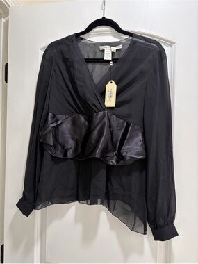 Studio M Black Sheer 100% Silk Faux-Wrap Blouse w/ Satin Peplum Waist - XS